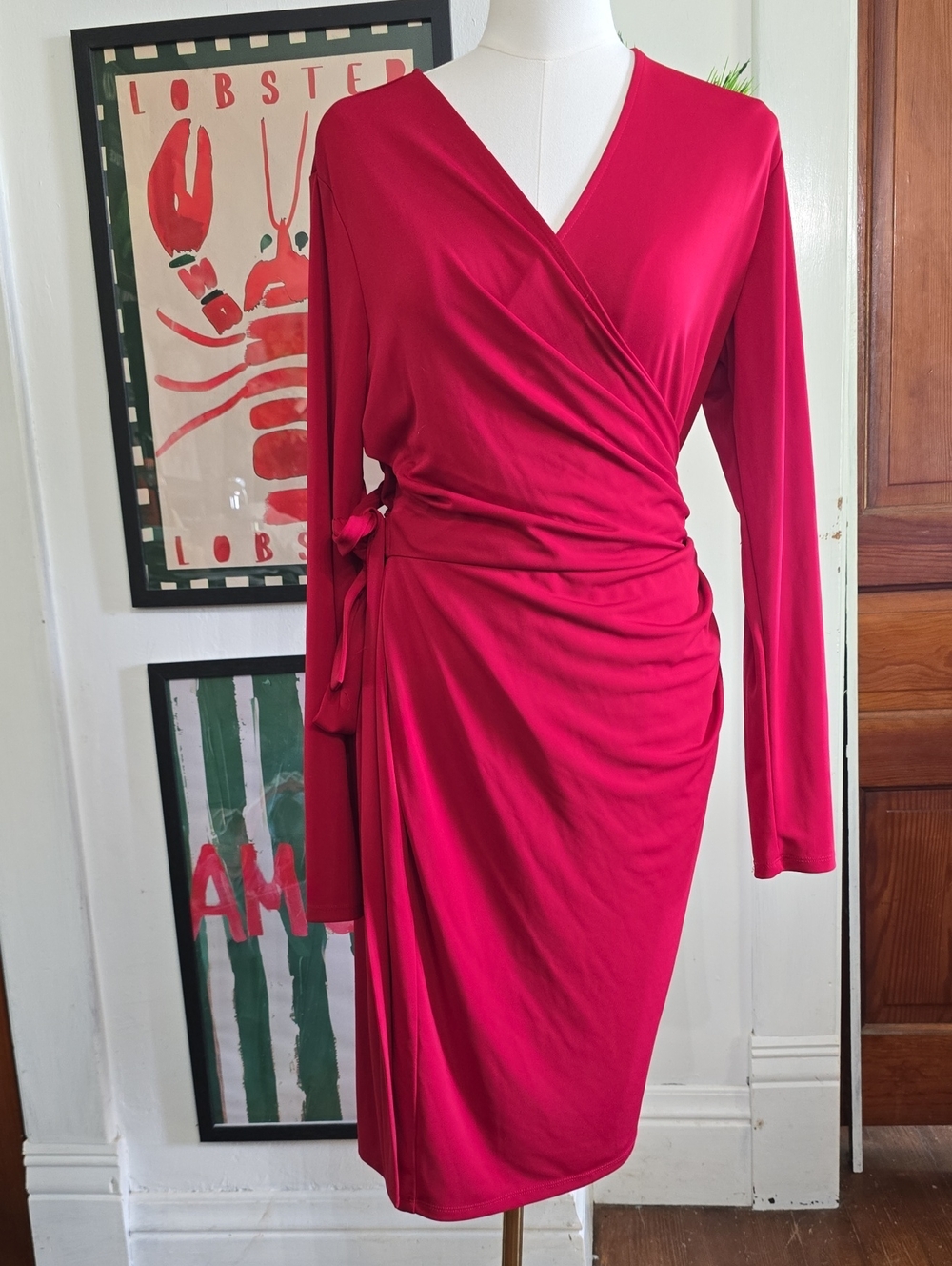 Lark & Ro V-Neck Wrap Dress in Red 2x Plus
